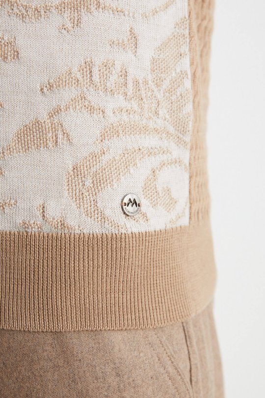 Şal Desen Camel Merino Yün Triko Yelek