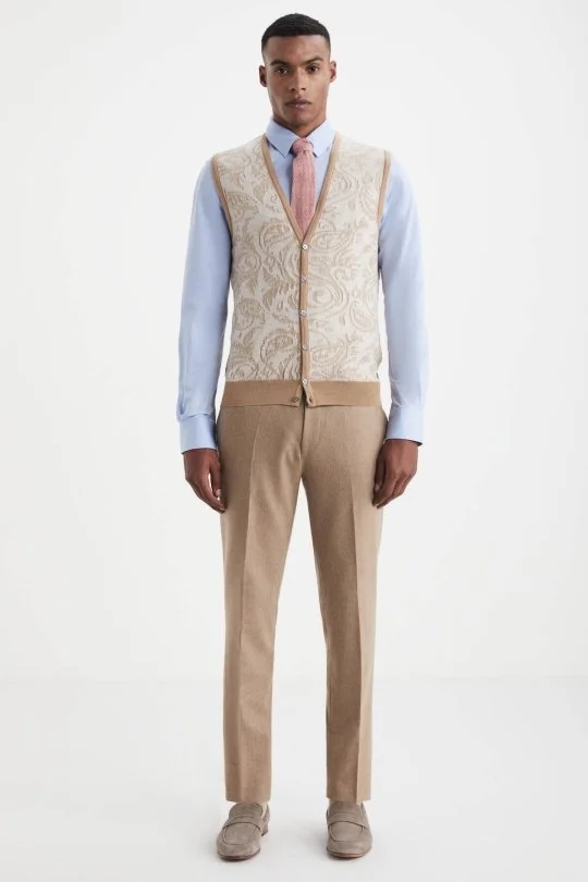 Hemington - Şal Desen Camel Merino Yün Triko Yelek (1)