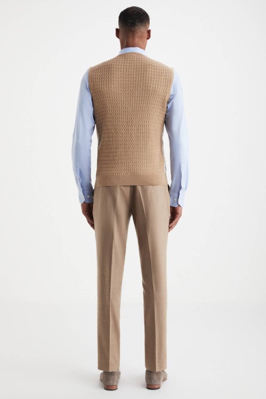 Şal Desen Camel Merino Yün Triko Yelek