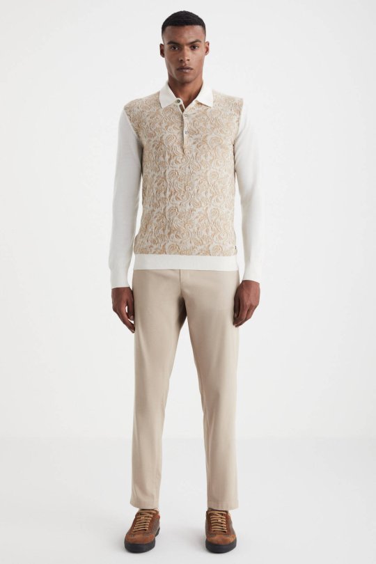 Şal Desen Ekru Merino Yün Triko