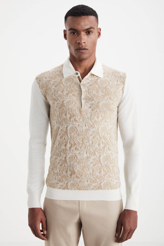 Şal Desen Ekru Merino Yün Triko