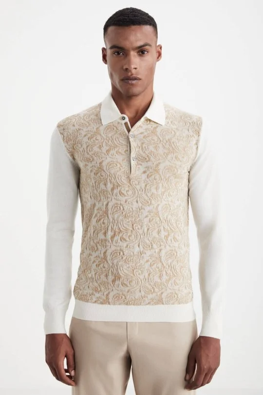 Hemington - Şal Desen Ekru Merino Yün Triko (4)