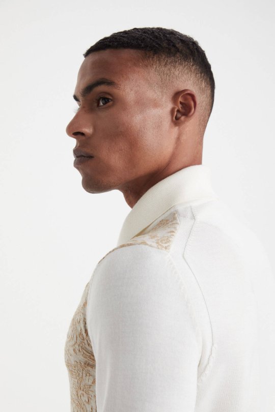 Şal Desen Ekru Merino Yün Triko