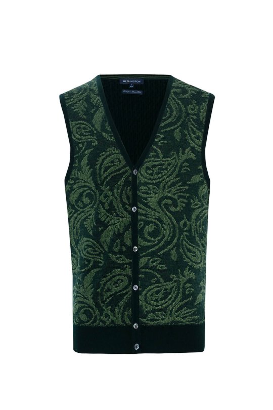 Şal Desen Koyu Yeşil Merino Yün Triko Yelek