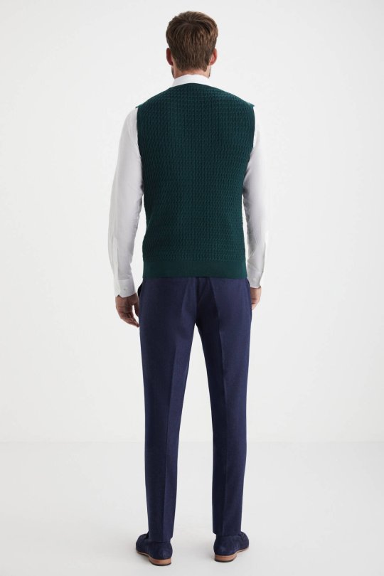 Şal Desen Koyu Yeşil Merino Yün Triko Yelek