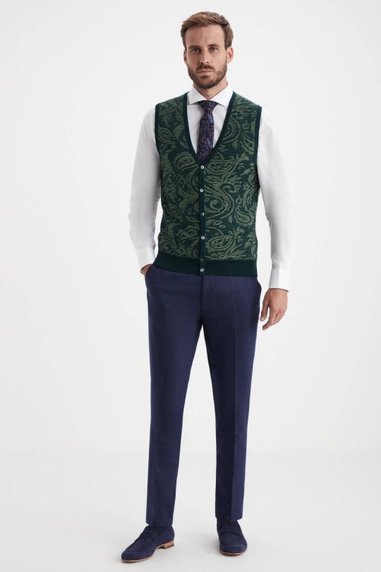 Şal Desen Koyu Yeşil Merino Yün Triko Yelek