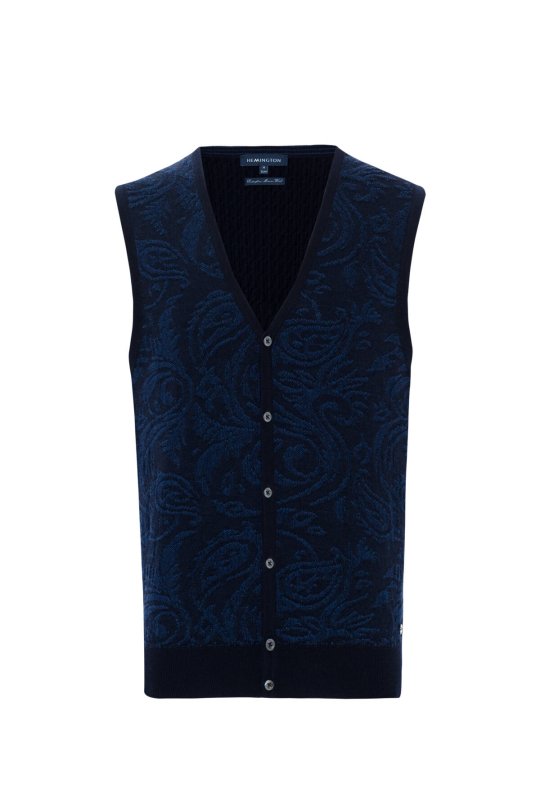 Şal Desen Lacivert Merino Yün Triko Yelek