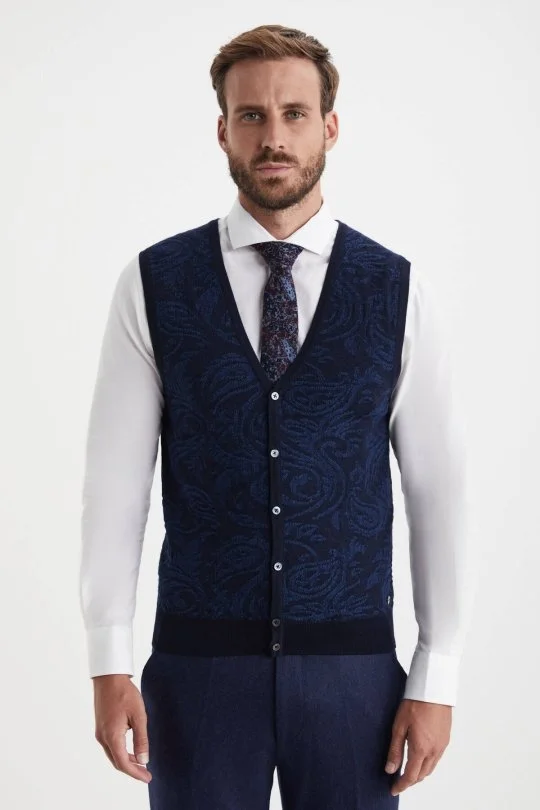 Hemington - Şal Desen Lacivert Merino Yün Triko Yelek