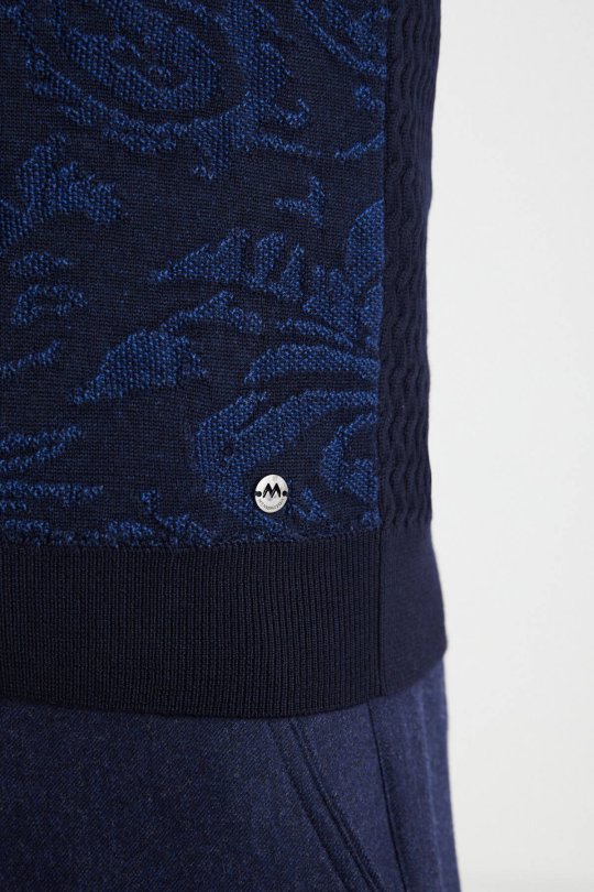 Şal Desen Lacivert Merino Yün Triko Yelek