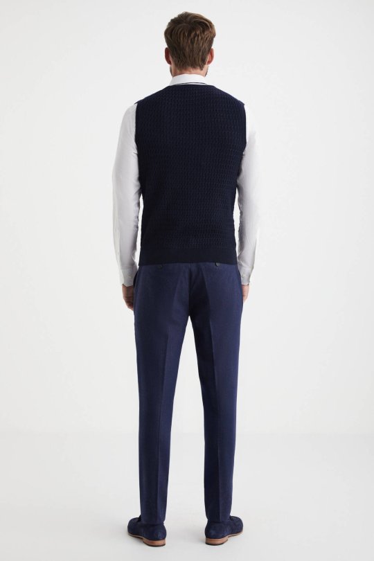 Şal Desen Lacivert Merino Yün Triko Yelek