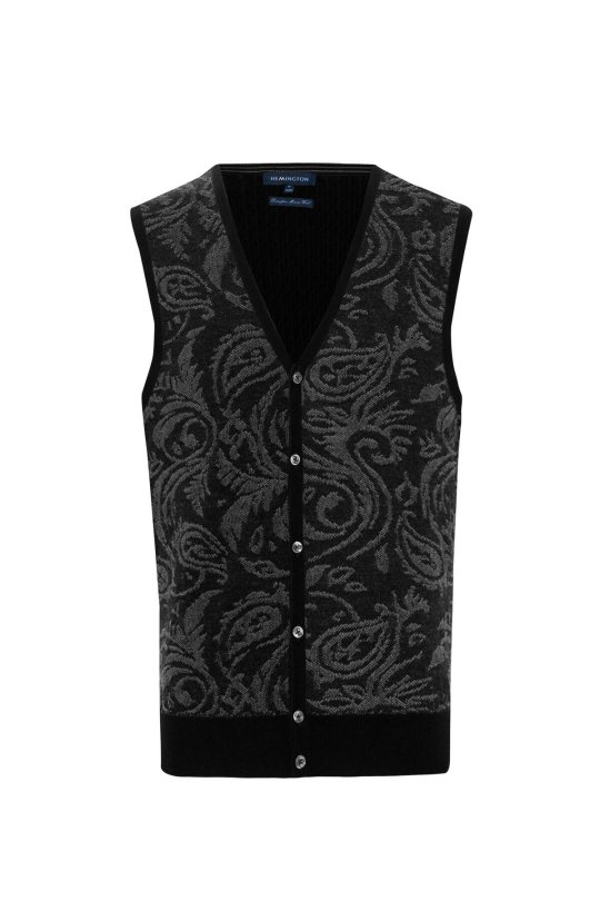 Şal Desen Siyah Merino Yün Triko Yelek