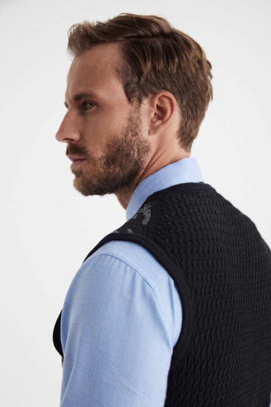 Şal Desen Siyah Merino Yün Triko Yelek