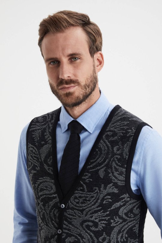 Şal Desen Siyah Merino Yün Triko Yelek