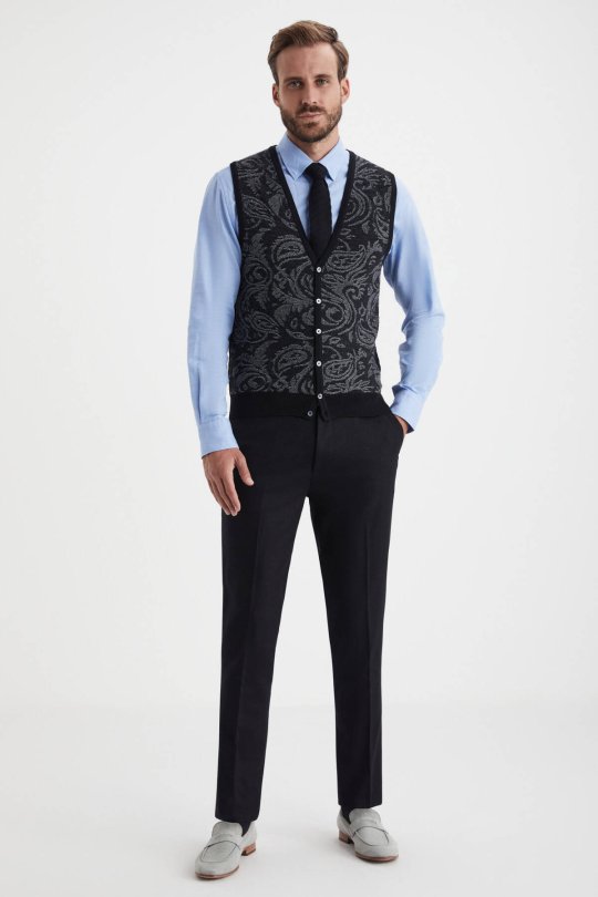 Şal Desen Siyah Merino Yün Triko Yelek