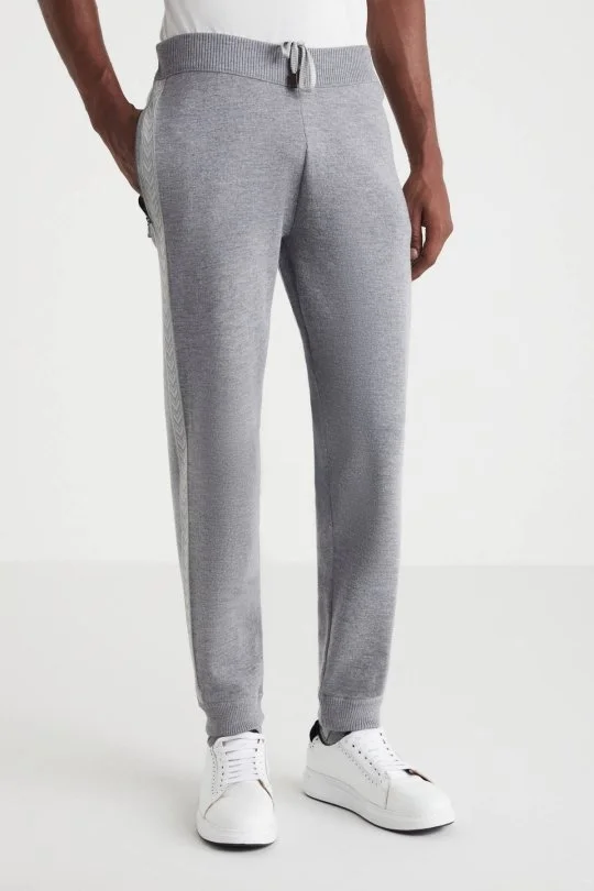 Hemington - Şerit Detaylı Gri Merino Yün Spor Triko Pantolon (2)