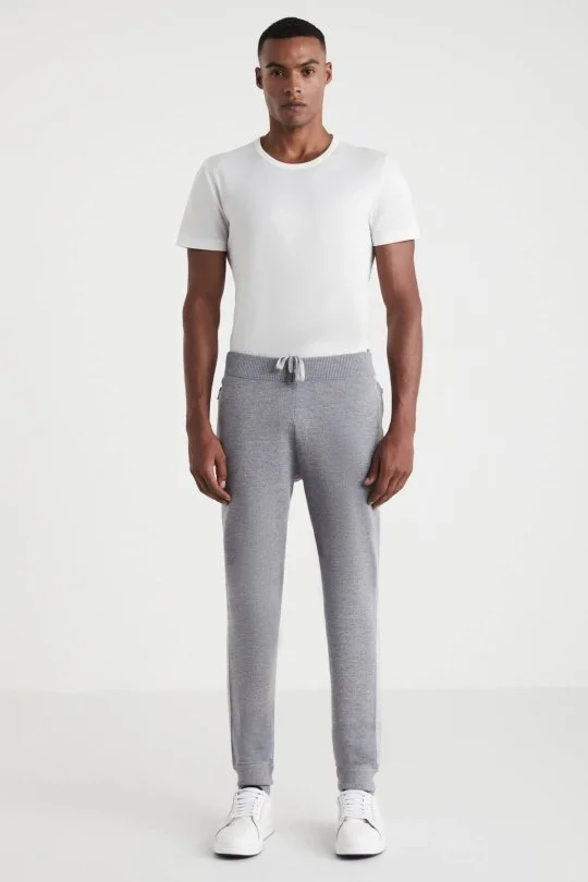 Hemington - Şerit Detaylı Gri Merino Yün Spor Triko Pantolon (1)