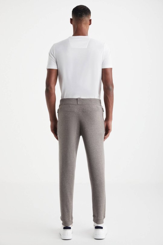 Şerit Detaylı Bej Merino Yün Spor Triko Pantolon