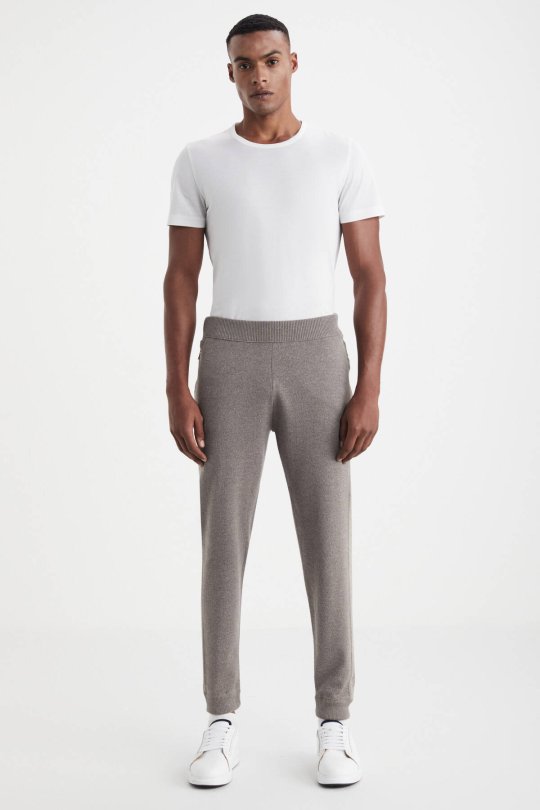 Şerit Detaylı Bej Merino Yün Spor Triko Pantolon