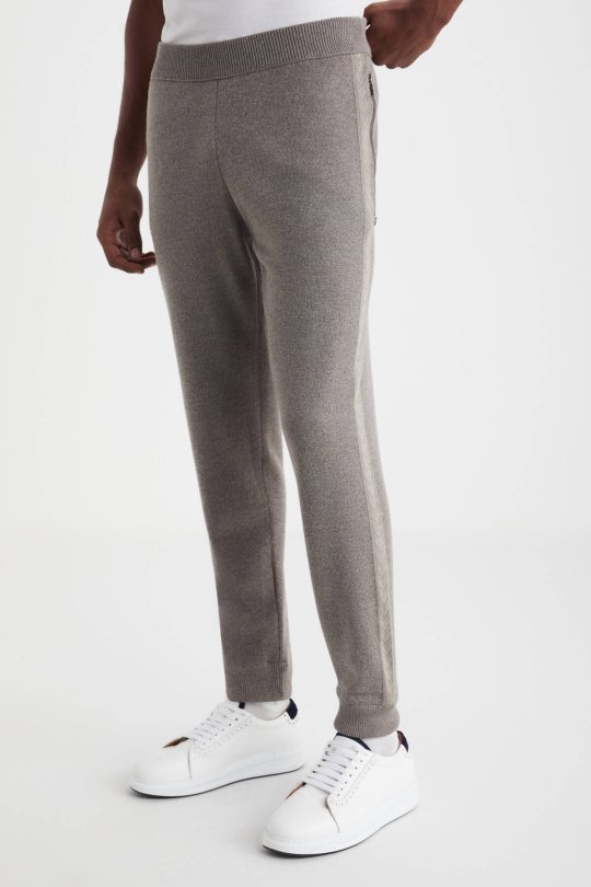 Şerit Detaylı Bej Merino Yün Spor Triko Pantolon