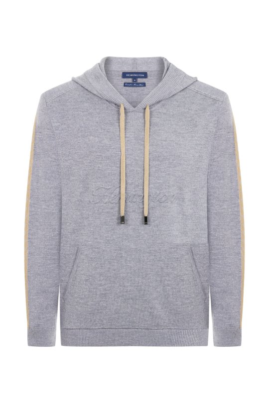 Şerit Detaylı Logolu Kapüşonlu Gri Triko Hoody