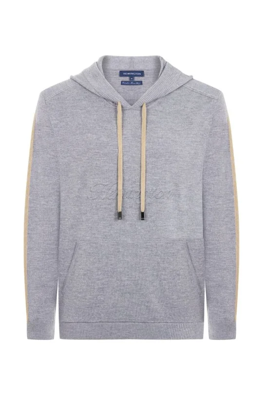 Hemington - Şerit Detaylı Logolu Kapüşonlu Gri Triko Hoody (7)