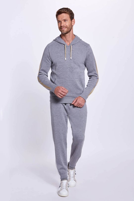 Şerit Detaylı Logolu Kapüşonlu Gri Triko Hoody