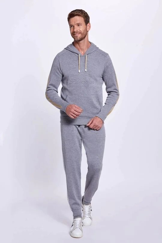 Hemington - Şerit Detaylı Logolu Kapüşonlu Gri Triko Hoody (1)