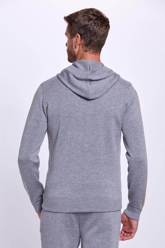 Şerit Detaylı Logolu Kapüşonlu Gri Triko Hoody