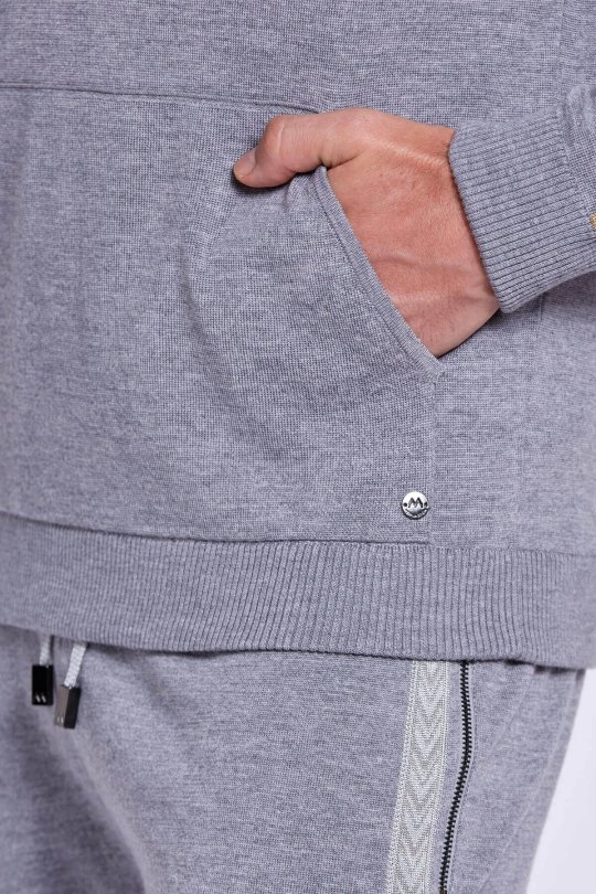 Şerit Detaylı Logolu Kapüşonlu Gri Triko Hoody