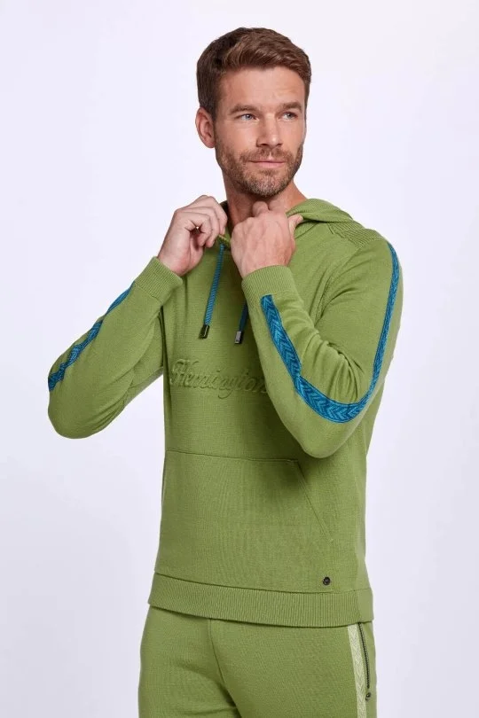 Hemington - Şerit Detaylı Logolu Kapüşonlu Yeşil Triko Hoody (2)