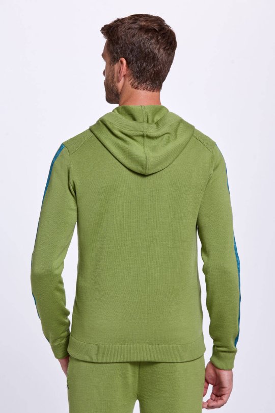 Şerit Detaylı Logolu Kapüşonlu Yeşil Triko Hoody