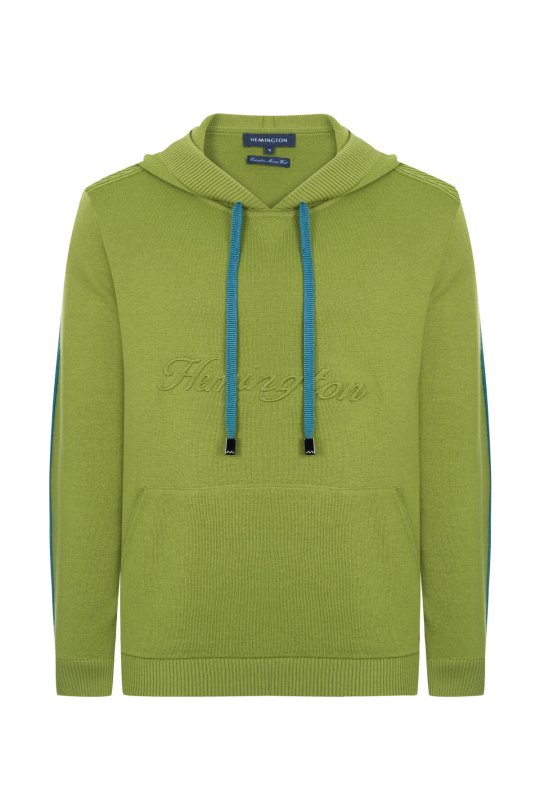 Şerit Detaylı Logolu Kapüşonlu Yeşil Triko Hoody