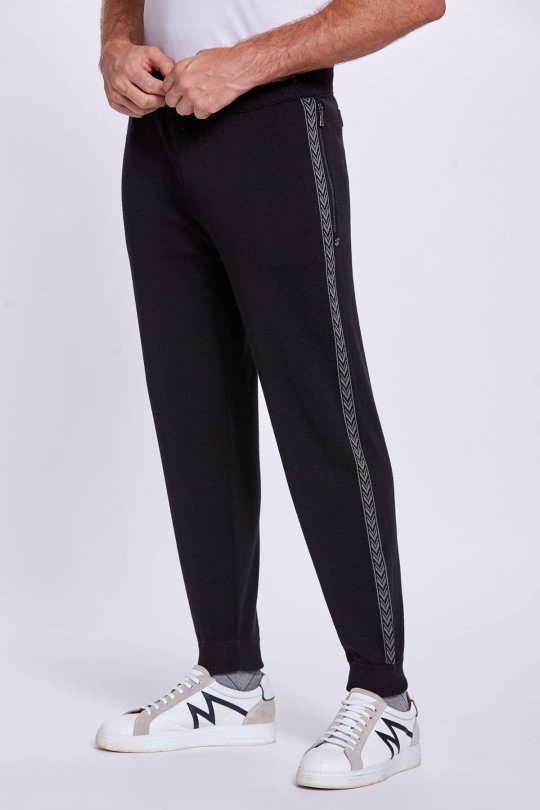 Şerit Detaylı Siyah Merino Yün Spor Triko Pantolon