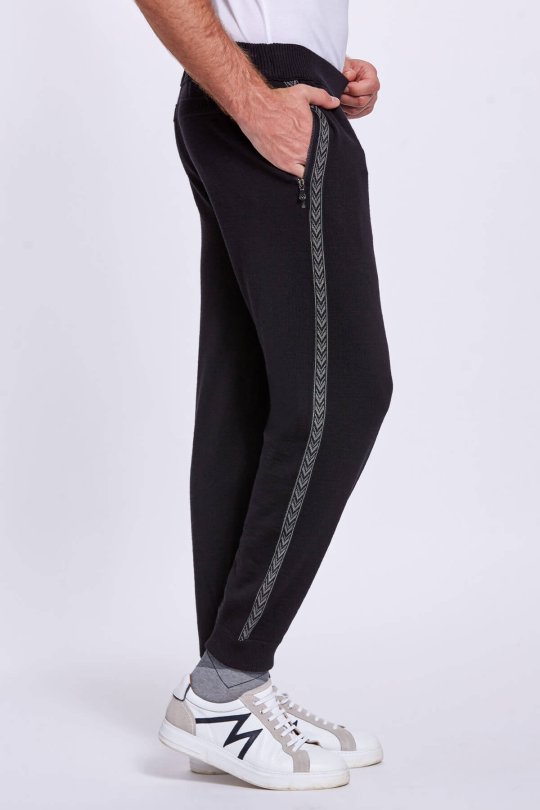 Şerit Detaylı Siyah Merino Yün Spor Triko Pantolon