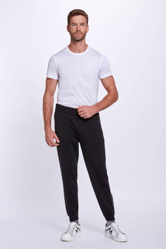 Şerit Detaylı Siyah Merino Yün Spor Triko Pantolon