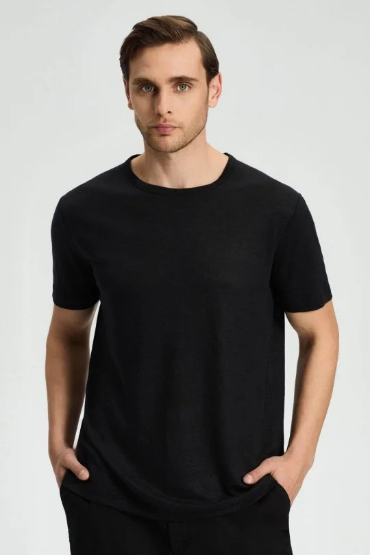 Hemington - Saf Keten Siyah Bisiklet Yaka T-Shirt
