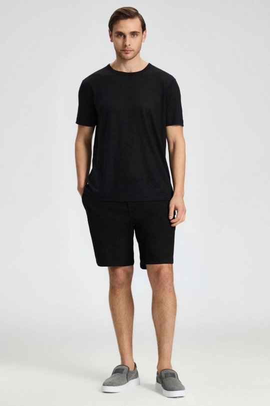 Saf Keten Siyah Bisiklet Yaka T-Shirt