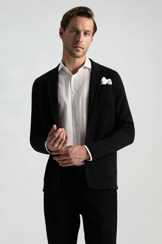 Extrafine Merino Siyah Triko Blazer Ceket
