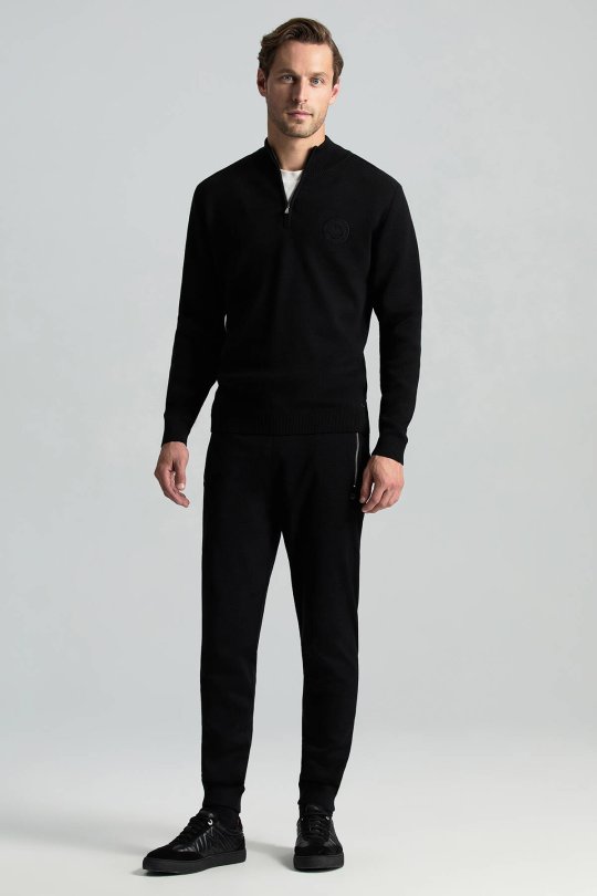 Siyah Fermuarlı Merino Yün Activewear Triko