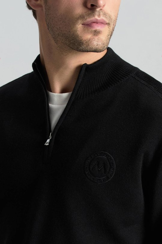 Siyah Fermuarlı Merino Yün Activewear Triko