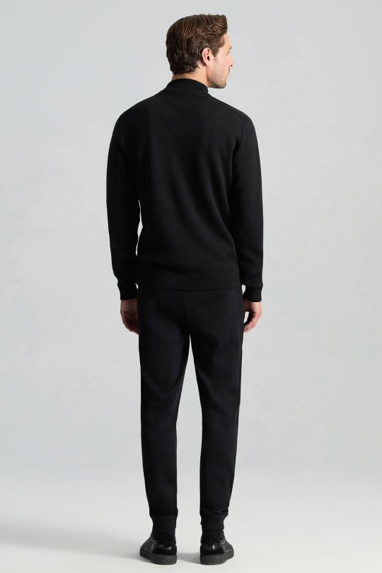 Siyah Fermuarlı Merino Yün Activewear Triko