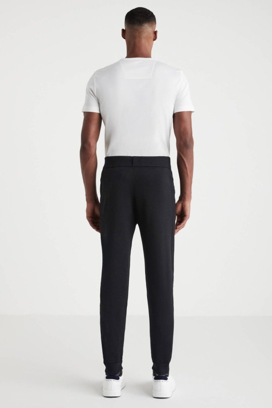 Siyah Merino Yün Activewear Şerit Detaylı Triko Pantolon