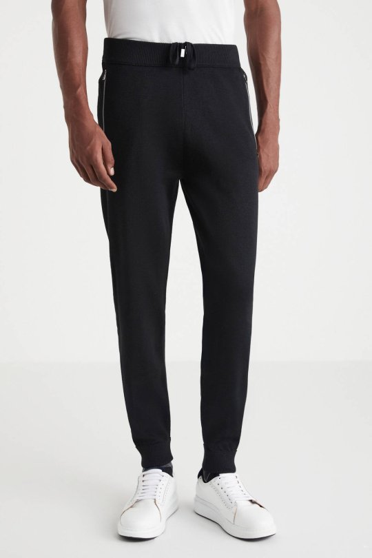 Siyah Merino Yün Activewear Şerit Detaylı Triko Pantolon