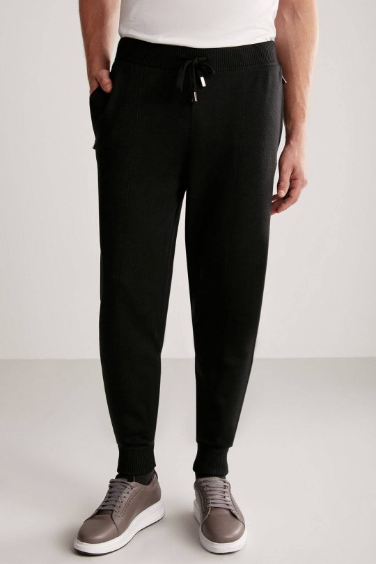 Siyah Merino Yün Activewear Triko Pantolon
