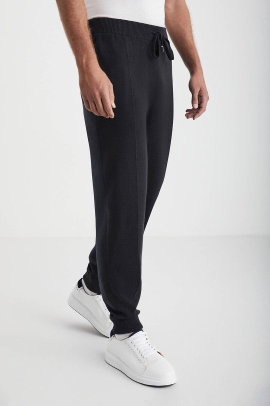 Siyah Merino Yün Activewear Triko Pantolon