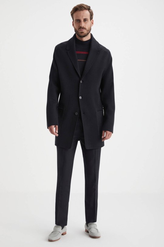 Siyah Merino Yün Triko Palto