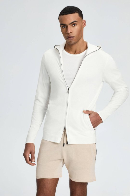Slim Fit Beyaz Kapüşonlu İnce Hırka