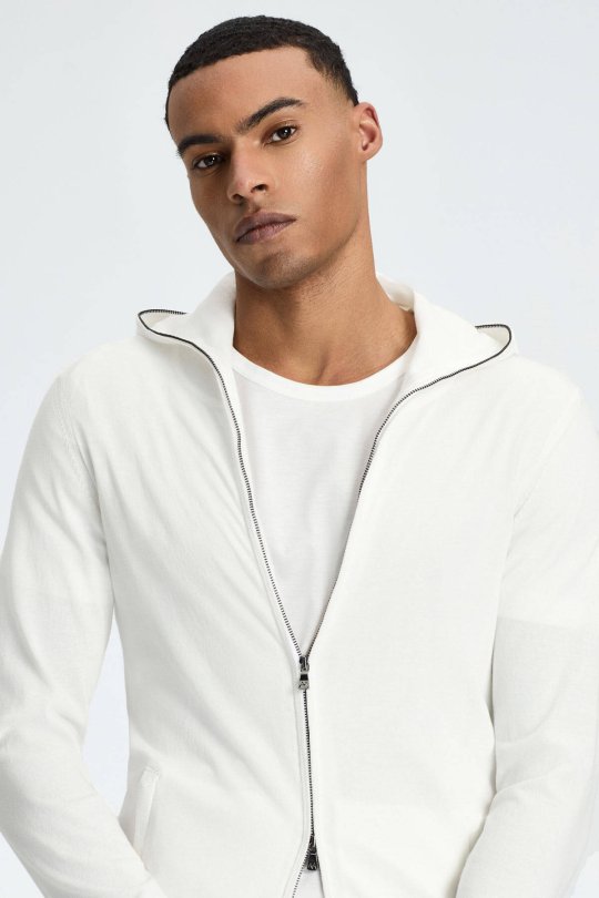 Slim Fit Beyaz Kapüşonlu İnce Hırka