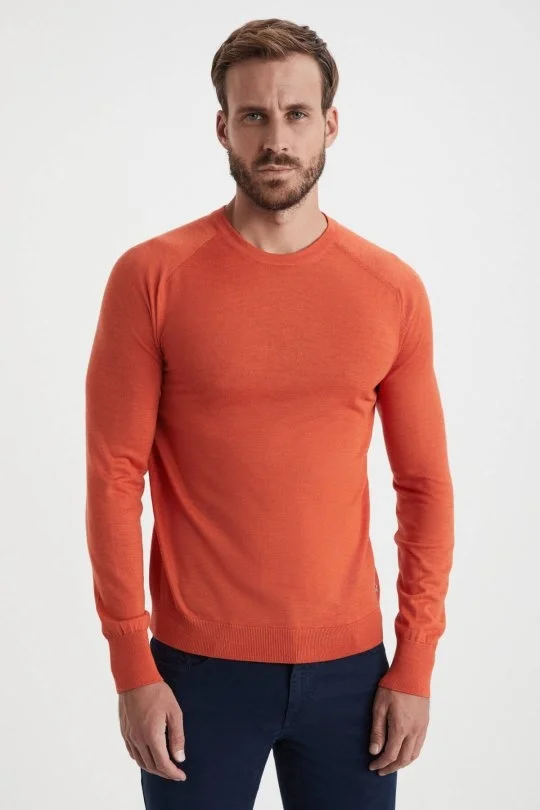 Hemington - Slim Fit Bisiklet Yaka Turuncu Merino Yün Triko