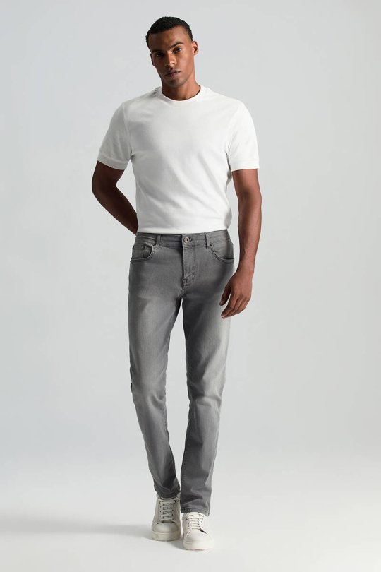 Saf Pamuk Slim Fit Gri Denim Pantolon
